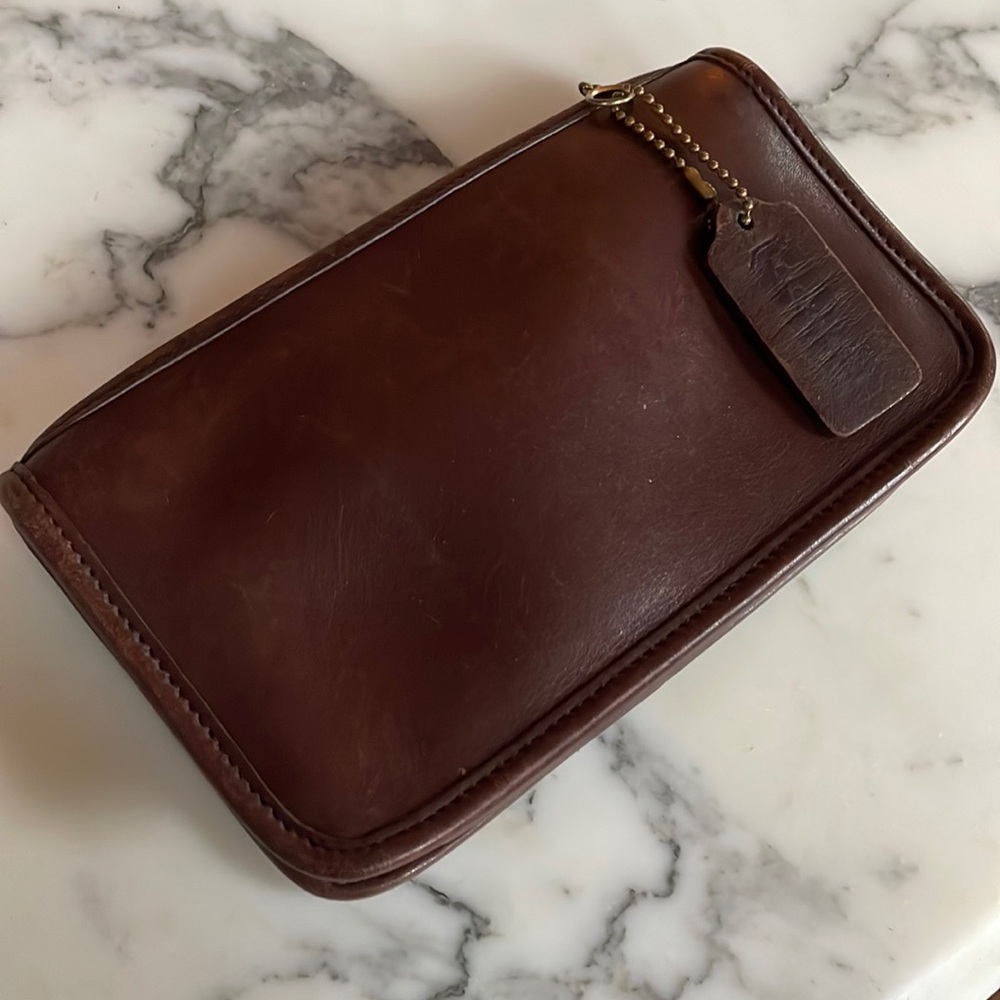 Vintage Coach Genuine Leather Dark Brown Cosmetic Bag, Pouch, Organizer